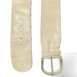 Vintage Wide Belt, Beige Gold Snakeskin Embossed Faux Leather, L/XL